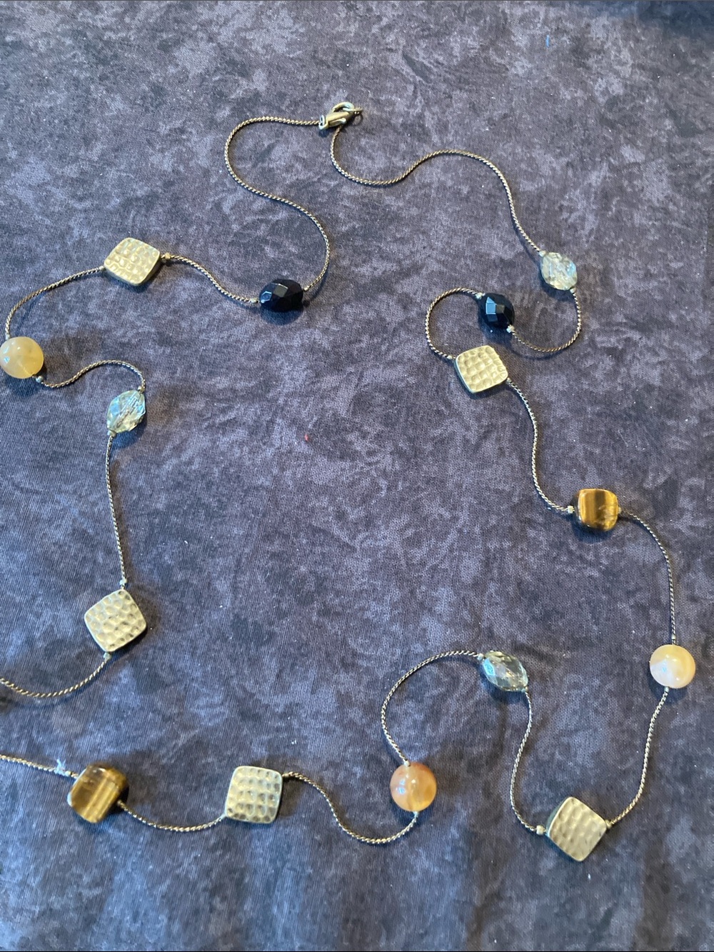 Mixed Bead and Hammered Square Long Necklace - Gold and Black Accents